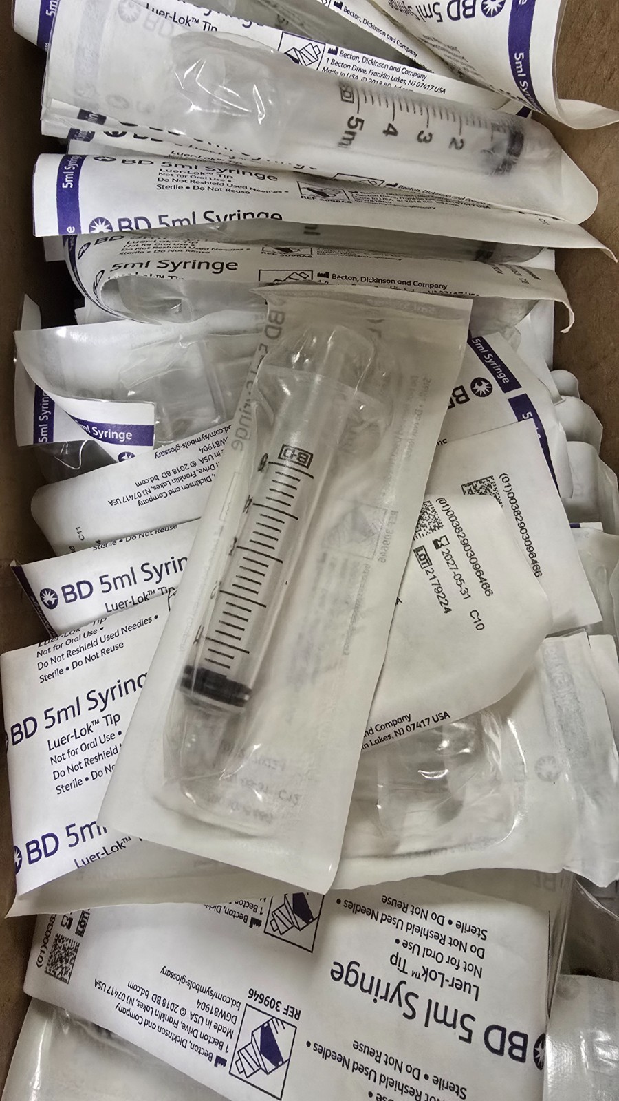 BD Syringe, 5ml, Luer-Lok Tip. Case of 125. Cat number 309646