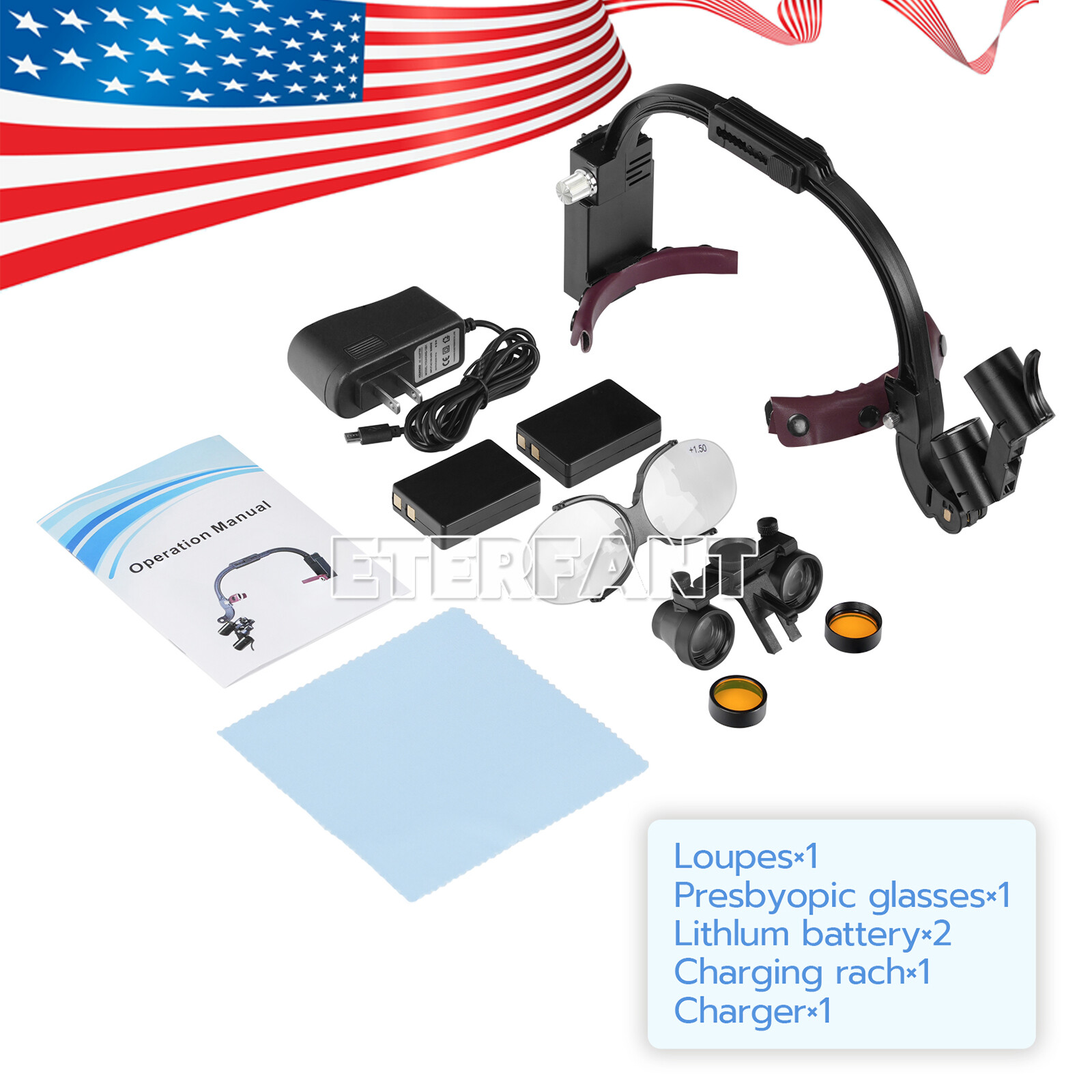 3.5X Dental Surgical Headband Binocular Loupes w/5W LED Head Light 2Leds Black