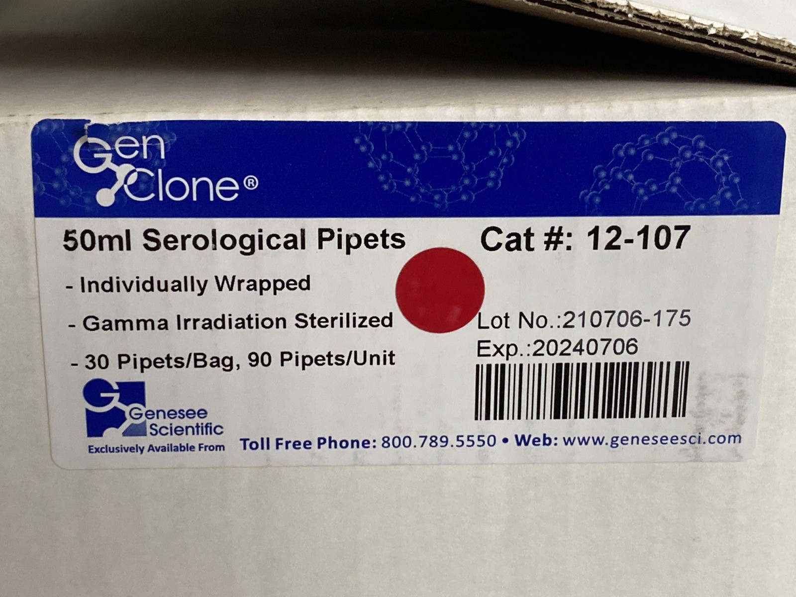(90/Cs) GENESEE GenClone 50mL Serological Pipets Individually Wrapped 12-107