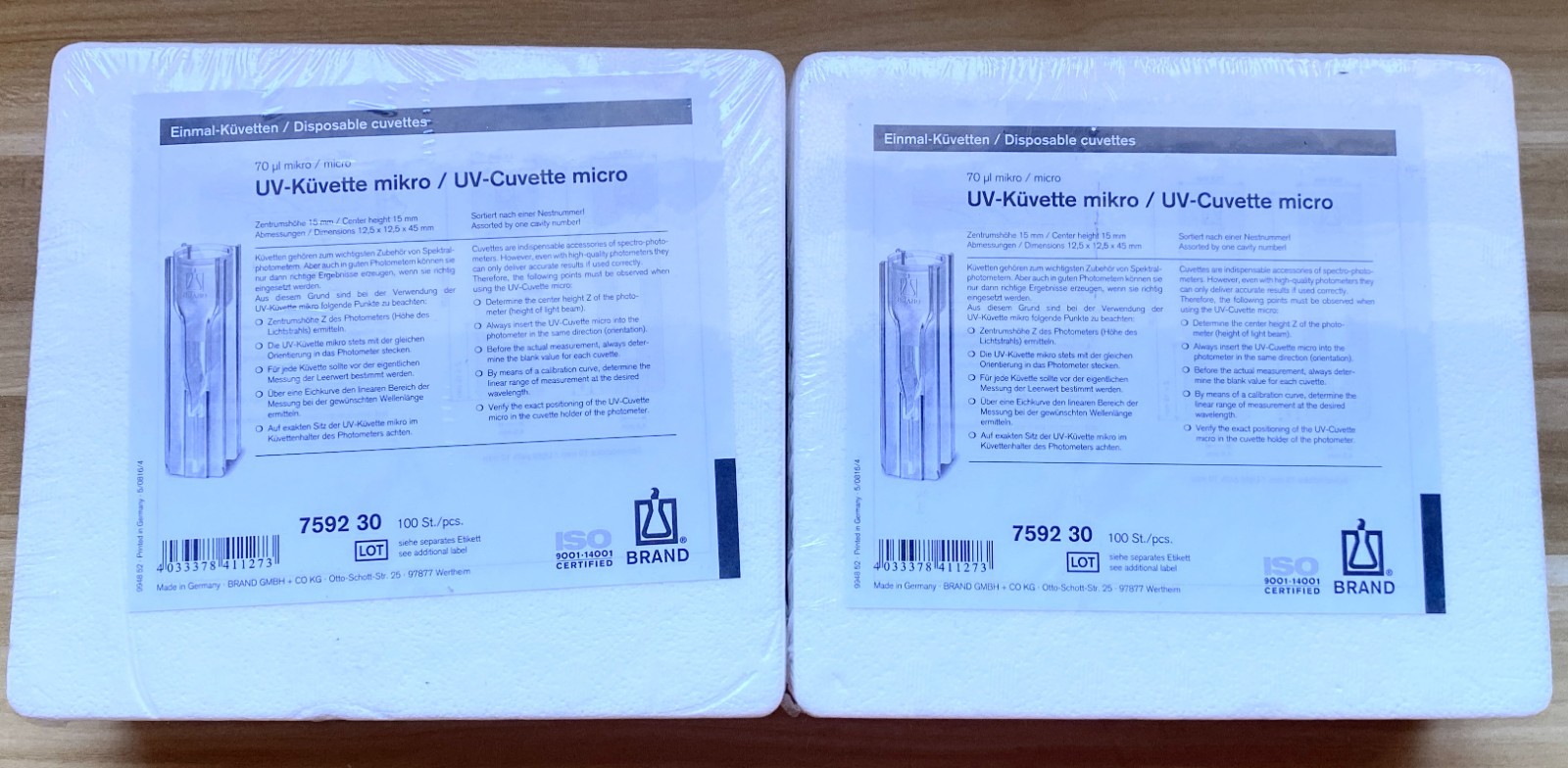BRAND UV-Cuvette Micro 70µL, z=15mm, 7592 30 (200 pcs, 2×100 New Sealed)