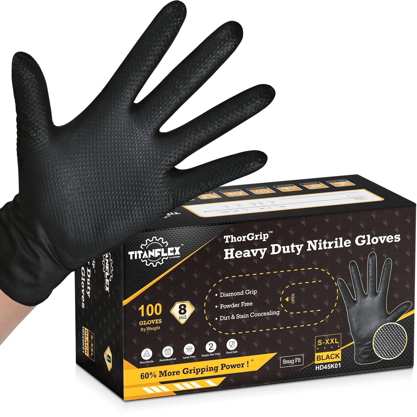 Heavy Duty Black Industrial Nitrile Gloves, 8mil, Large, Box of 100, Latex , …