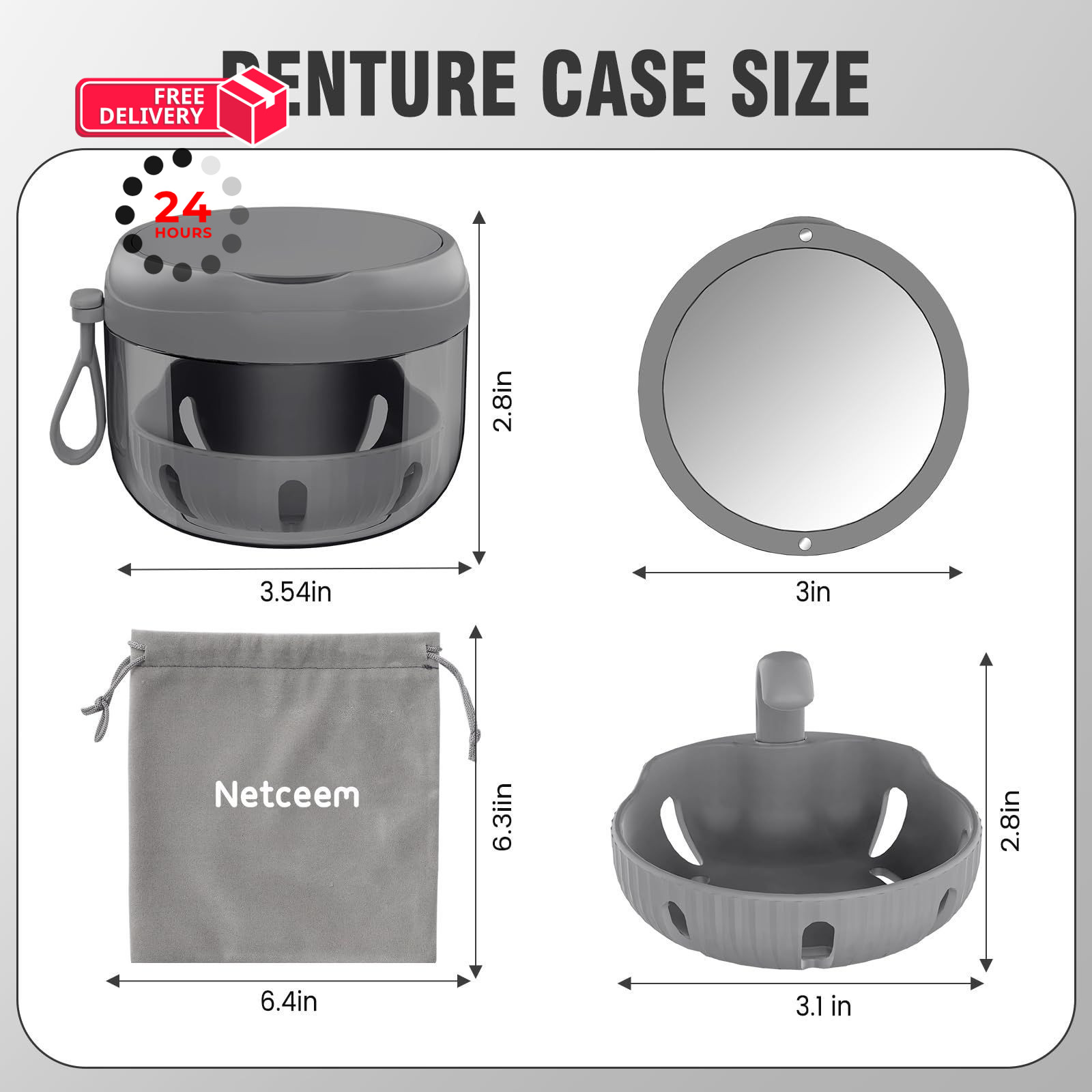 Denture Bath Box Cup, Leak Proof Cup Kit Portable Large, Black