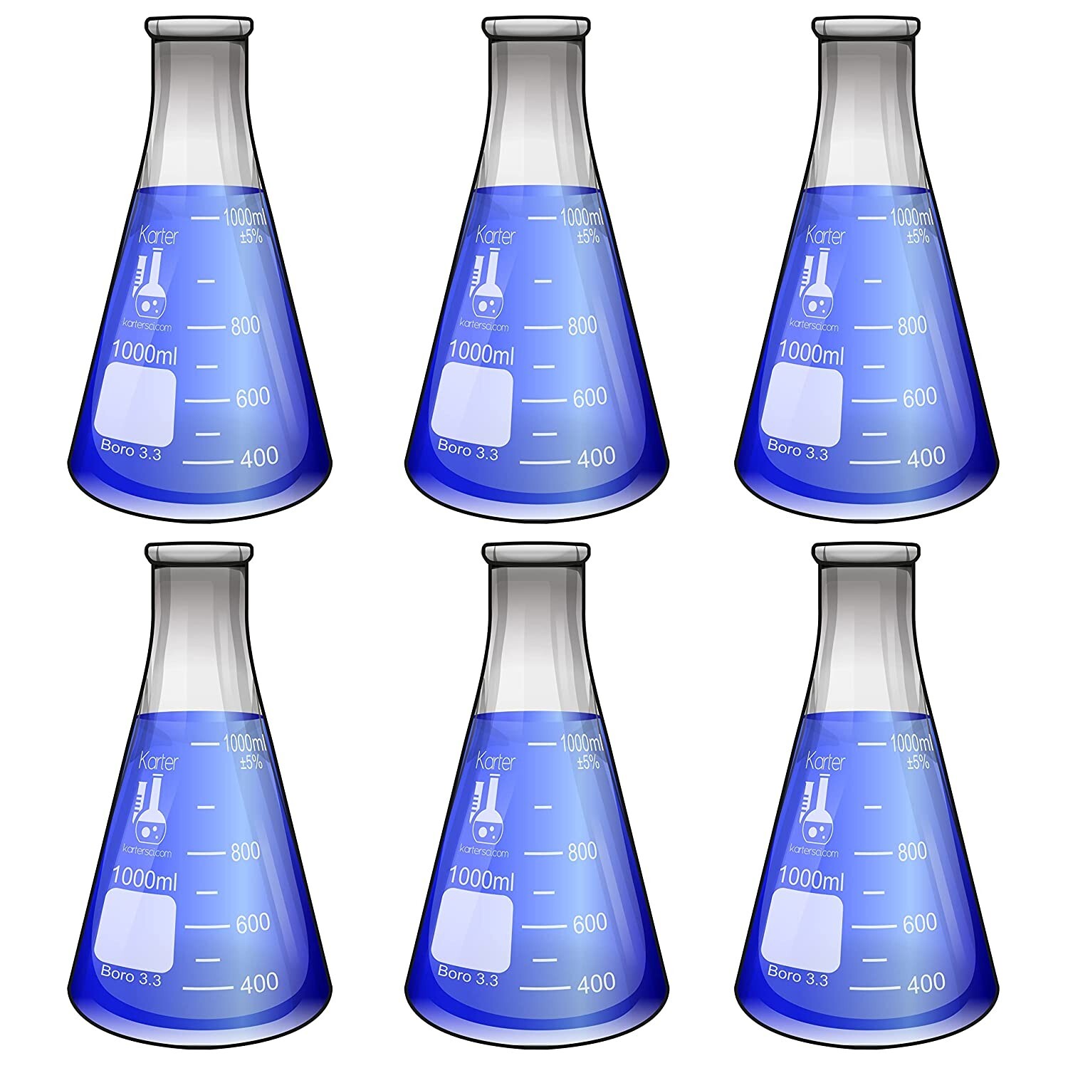 1000ml Erlenmeyer Flask (Pack of 6) 3.3 Borosilicate Glass, Karter Scientific