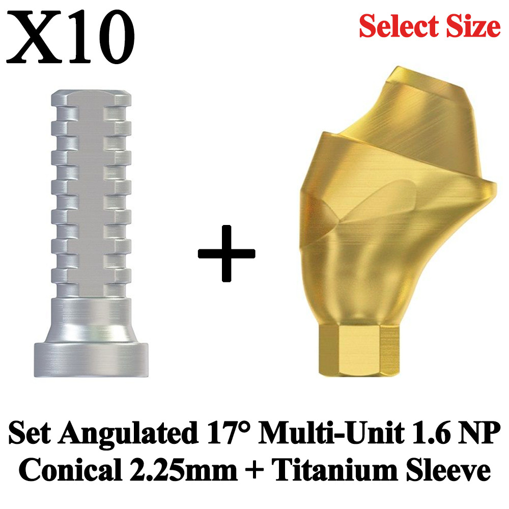10x Set Dental Angulated 17° Multi-Unit 1.6 NP Conical 2.25mm + Titanium Sleeve
