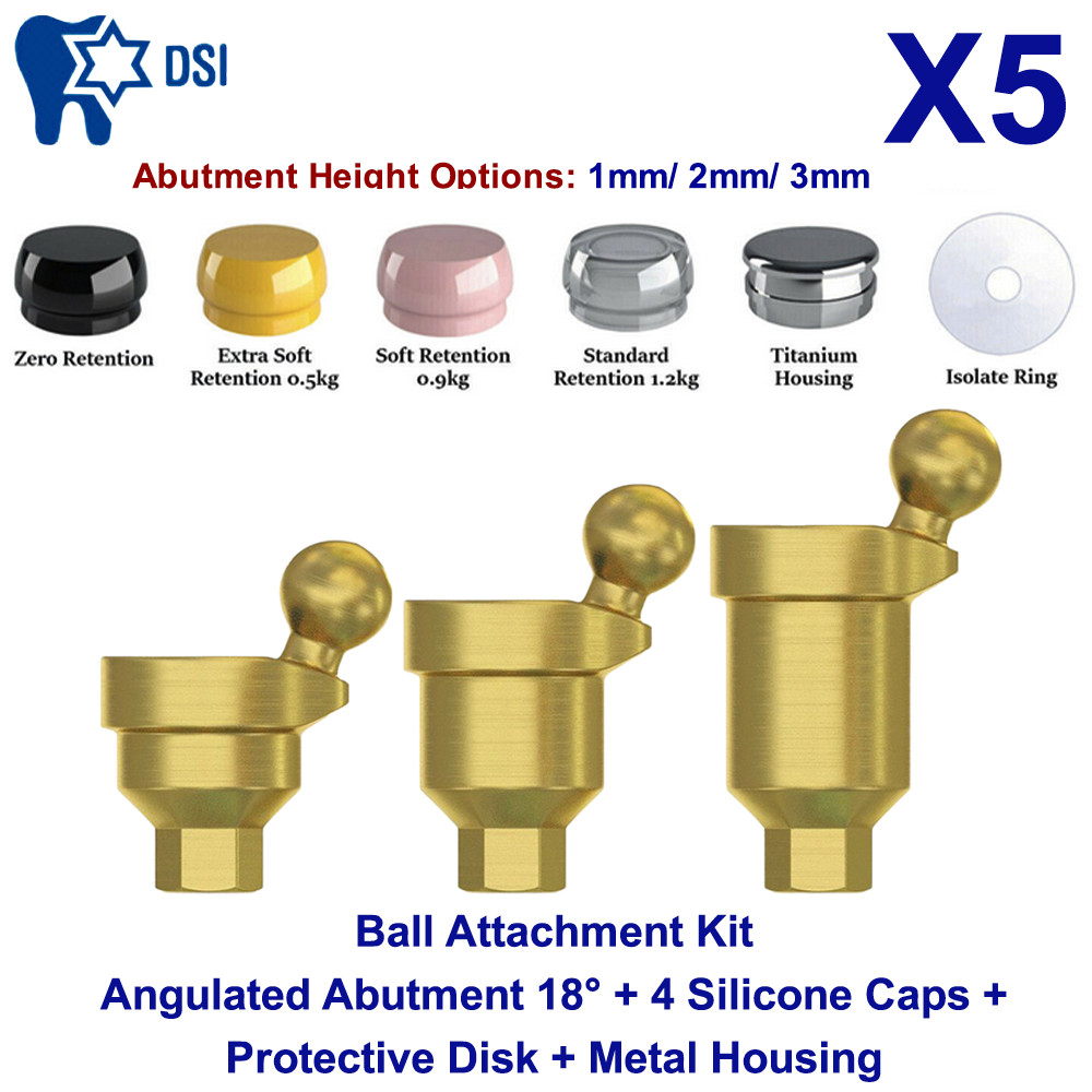 5x DSI Angulated Ball Attachment Abutment 18° Full Kit Overdenture Int Hex 2.42