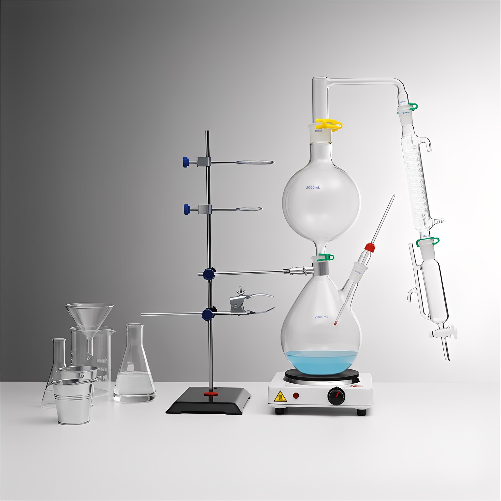 2000ml Glass Distillation Kit with 1000W Heating Plate Essential Oil Lab US Plug
