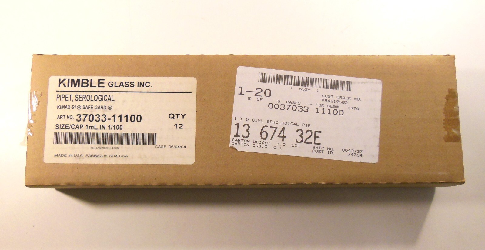 New KIMBLE Glass Pipet, Serological, Box of 12, KIMAX-51 Size/Cap 1 mL IN 1/100
