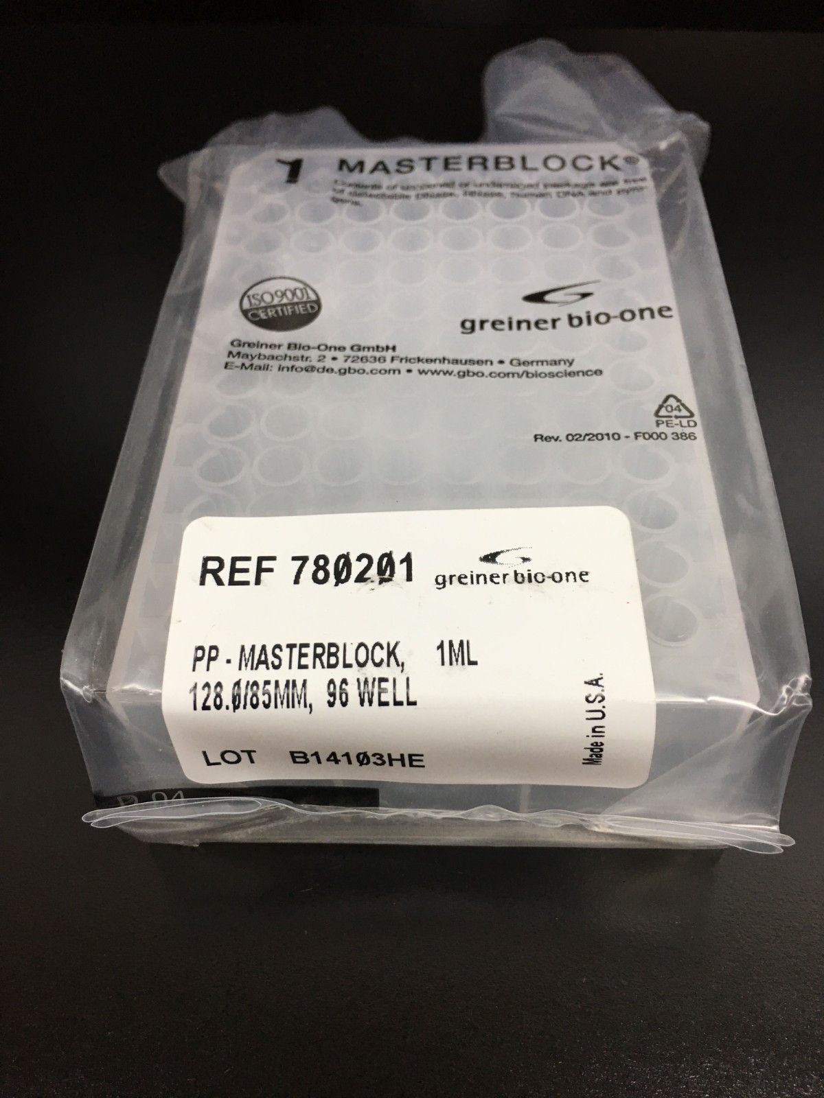 Greiner Bio One REF 780201 Masterblock 96 Well 1mL PP U Bottom