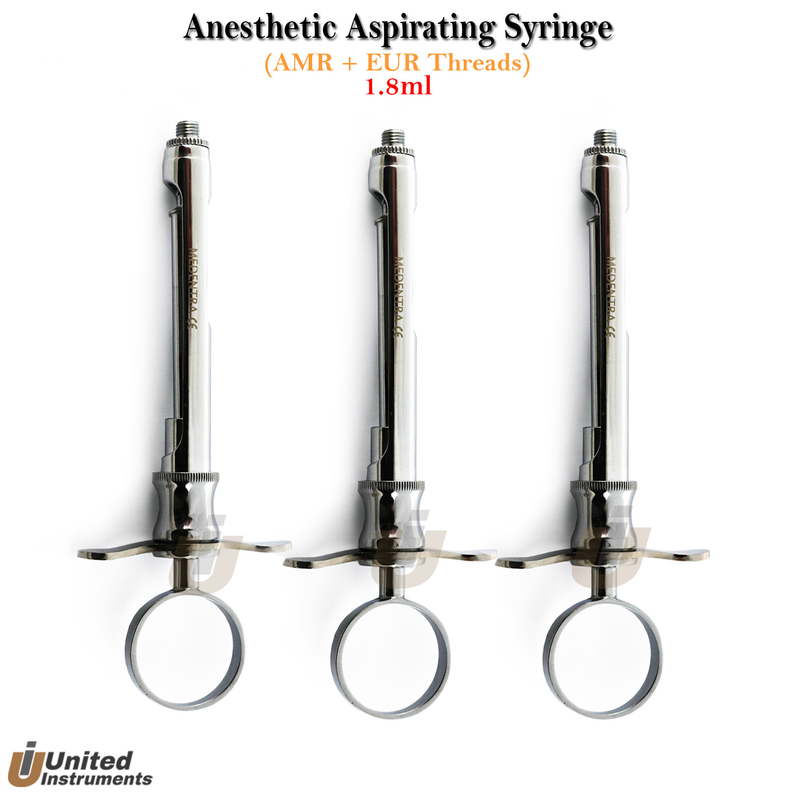 3Pcs Aspirating Syringes 1.8ml Local Anesthesia Injection Thumb Ring W/ Threads
