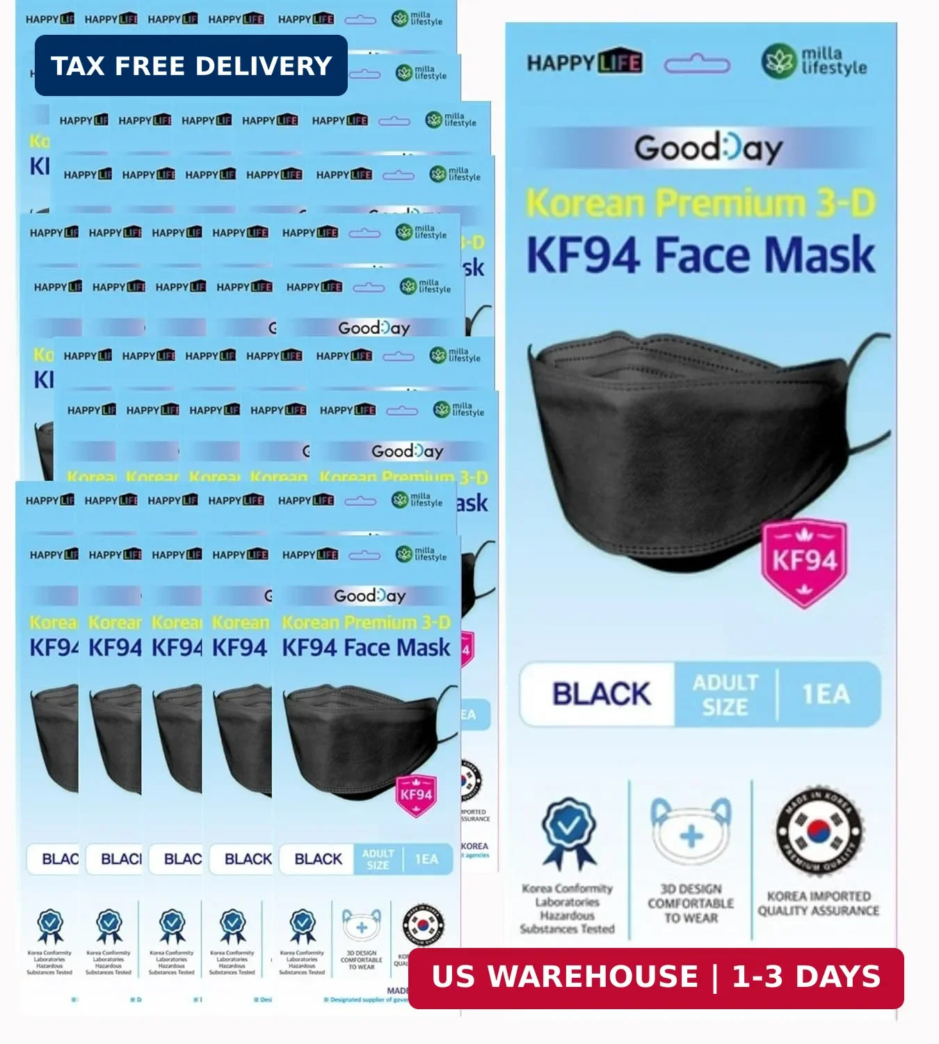 Good Day Black Disposable KF94 Face Mask, 4-Layer Filters, Made in Korea, Nose M