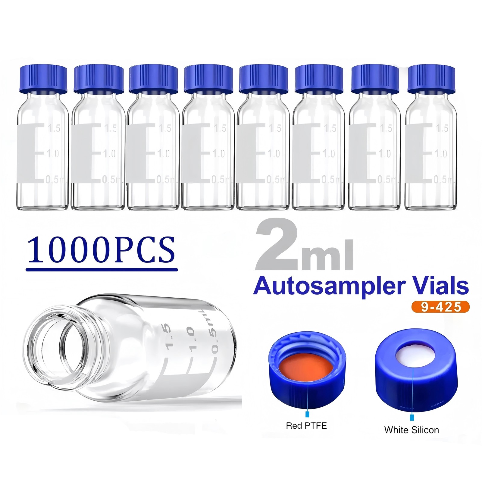 1000Pcs Lab 2ml 9-425 Autosampler Glass Amber/Clear Vial Screw Cap PTFE Silicone
