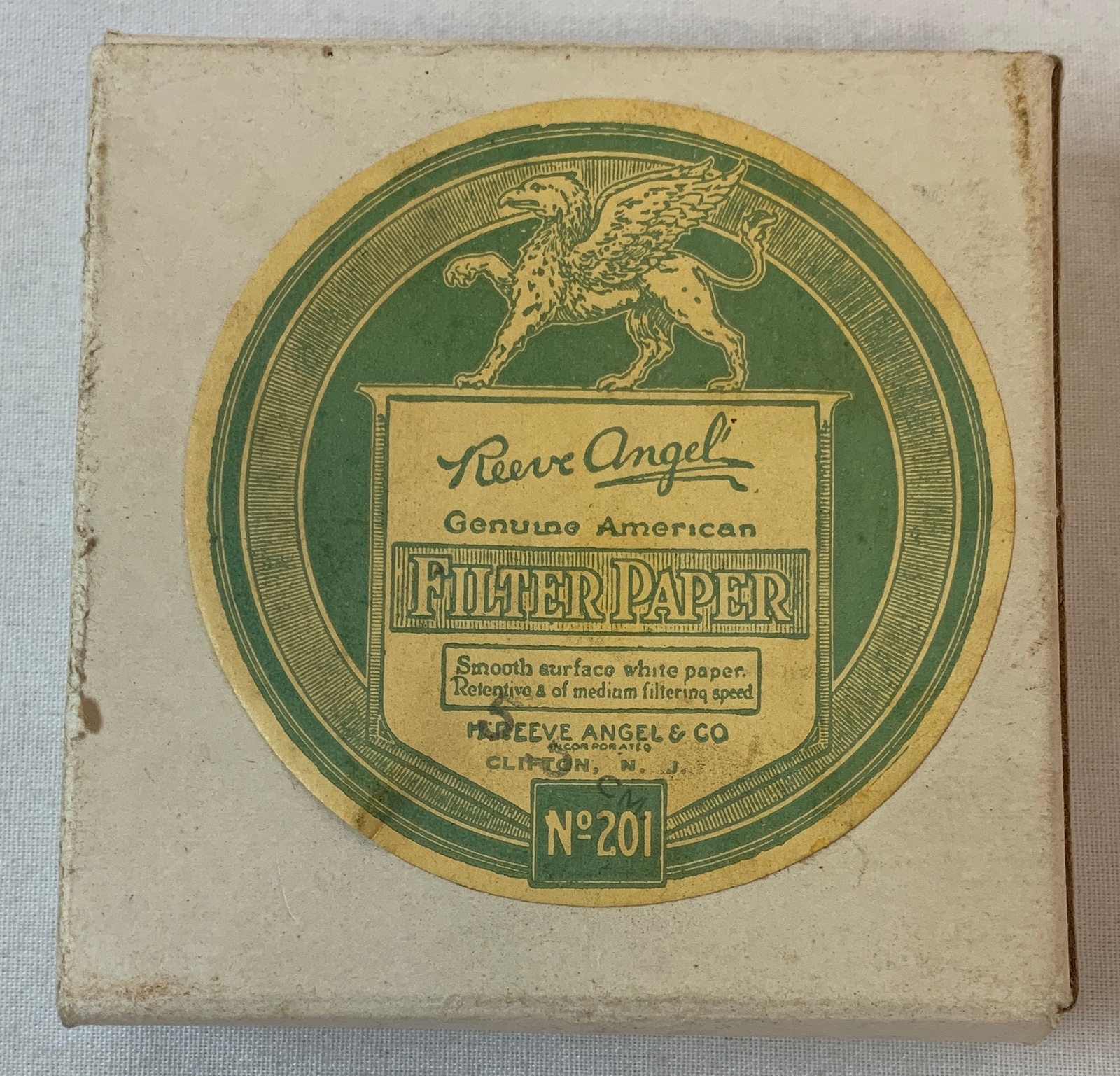 vintage box of REEVE ANGEL FILTER PAPER ~ #201 ~ sill has contents ~griffon logo