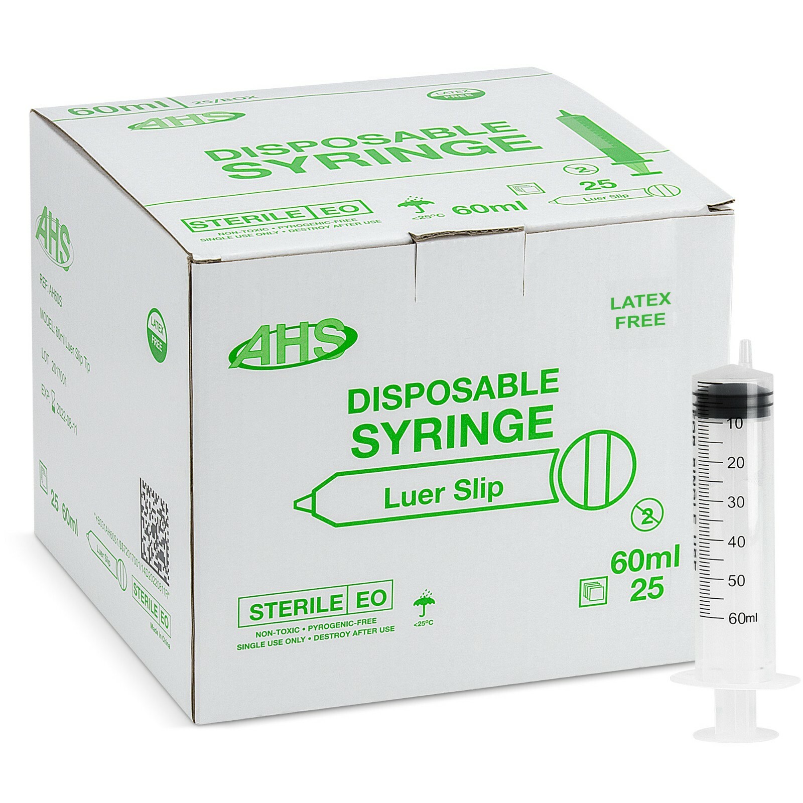 AHS 60ml (60cc) Luer Slip Eccentric Syringe, 250/Case