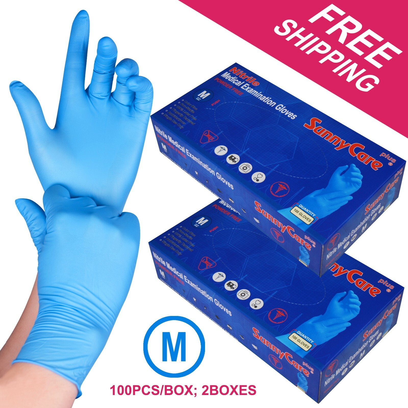 200 SunnyCare Nitrile Exam Gloves Powder Free (Non Vinyl Latex) Size: M