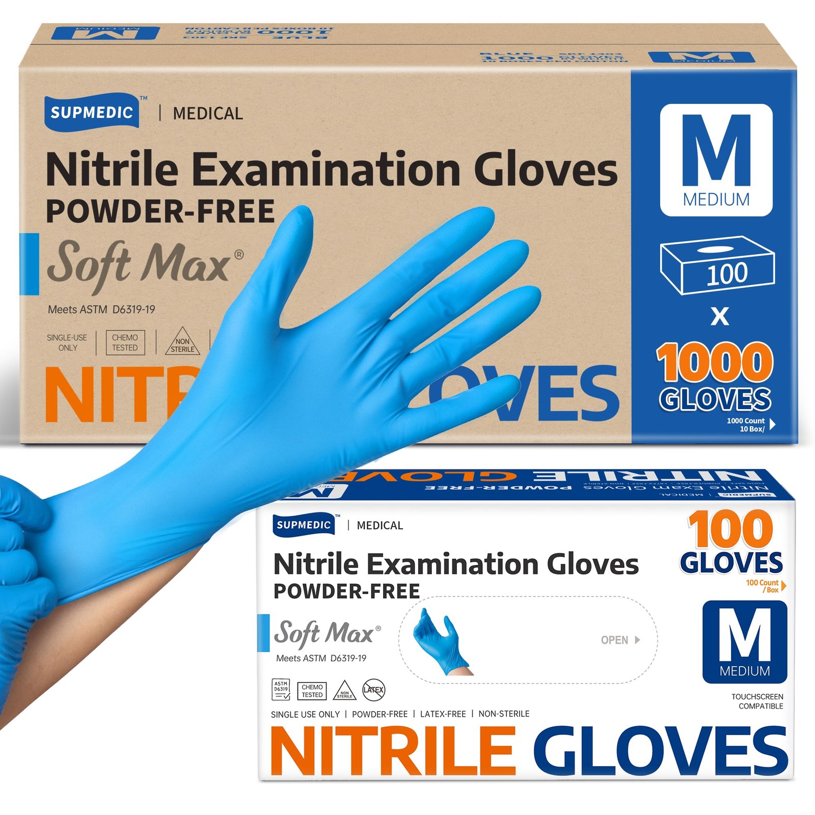 Supmedic Nitrile Exam Gloves 1000 Blue Gloves, Powder & Latex Free, Medium