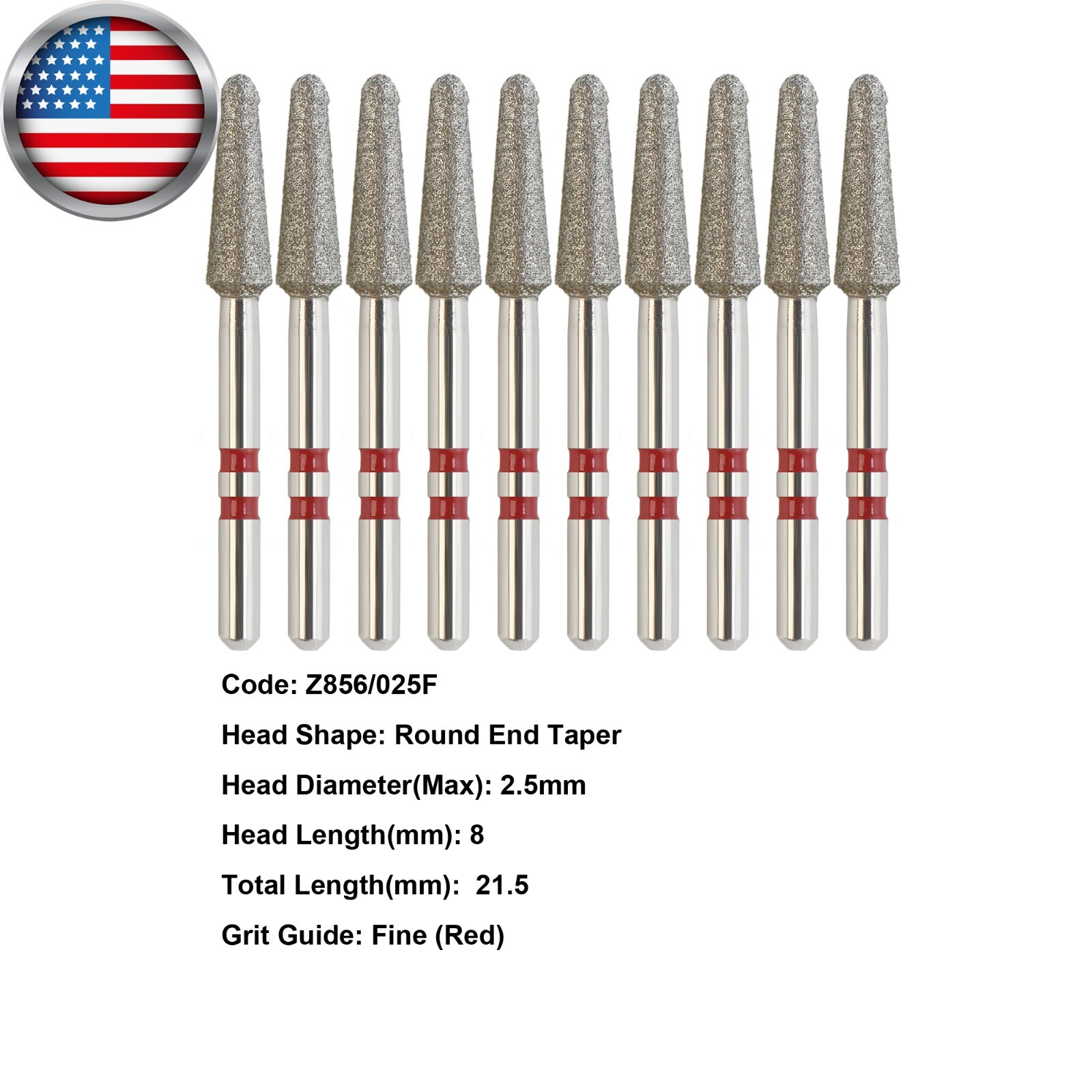 Dental Zirconia Diamond Burs Round End Taper Z856/025F FG High Speed Fine Grit