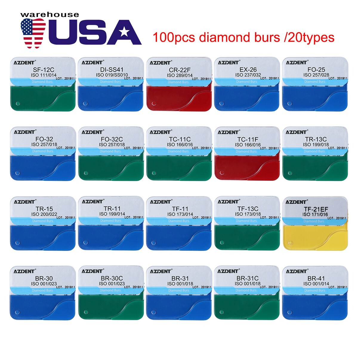 100pcs Dental Diamond Burs for High Speed Handpiece Medium FG 1.6mm AZDENT