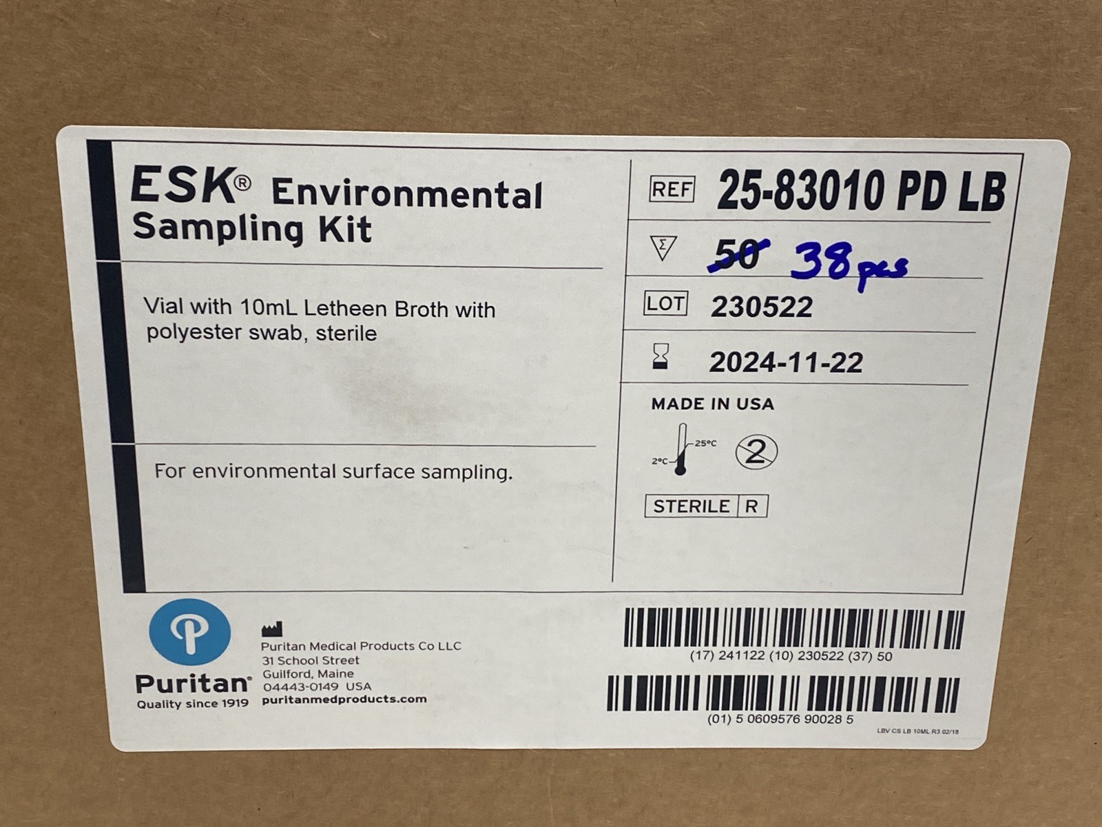 (38)PURITAN ESK Environmental Sampling Kit Letheen Broth Polyester Swab 25-83010