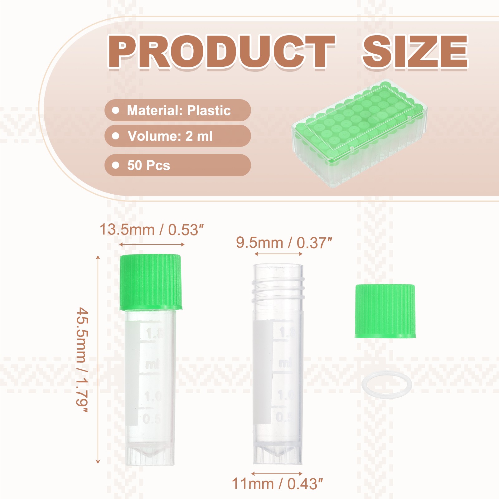 50 Pcs Plastic Vials, 2ml Cryogenic Vials Small Sample Test Tubes, Green