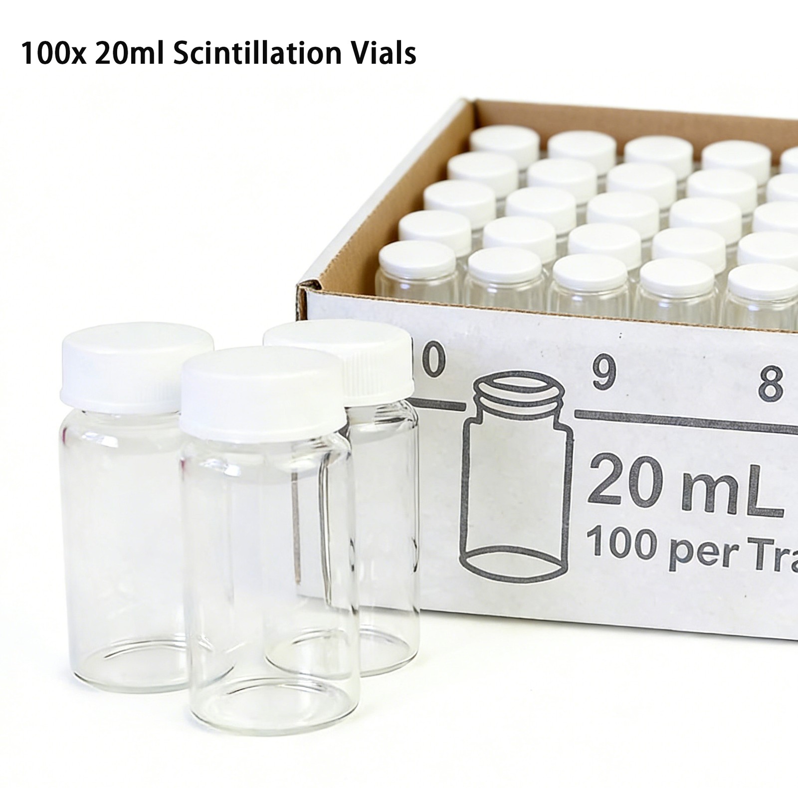 100x 20ml Scintillation Vials Glass Vials with Screw Cap PE Liner Counting Vials