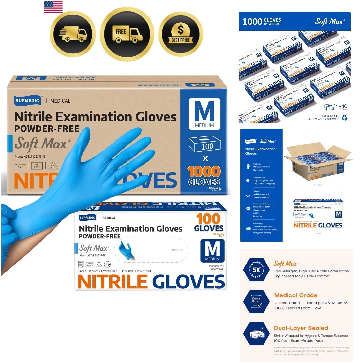 Medical Soft Max Nitrile Exam Gloves, 1000 Pcs Latex-Free Powder-Free Food Sa…