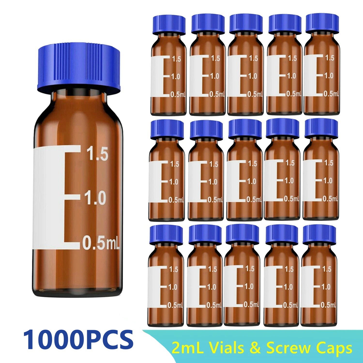 1000PCS 2mL Glass Vials Amber Autosampler Sample vials 9mm Precision Screw Caps
