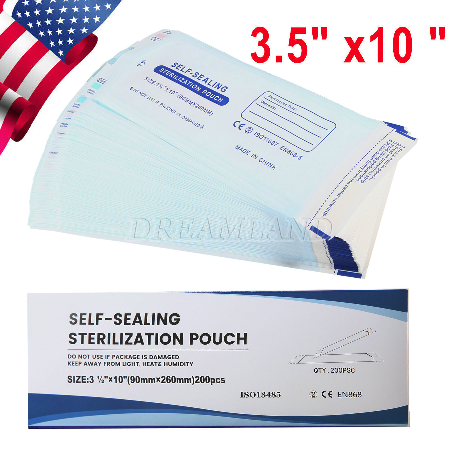 200PCS Self Seal Pouch Sterilization Bag Pouches Dental Medical 3.5″ x 10″