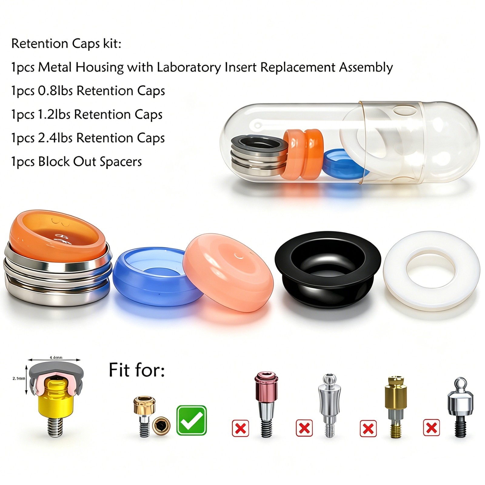 US Dental 5Pcs/set Overdenture Attachment Locator Retention Cap Male Cap Inserts