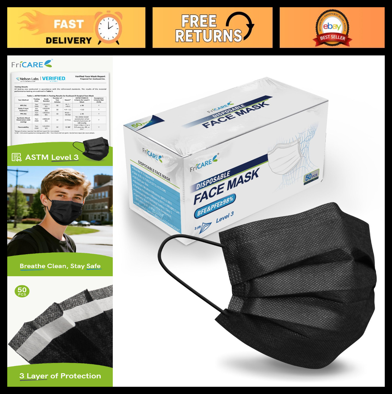 3-Ply Disposable Face Masks – ASTM Level 3 Medical Grade, Breathable, 50 Pack Bl