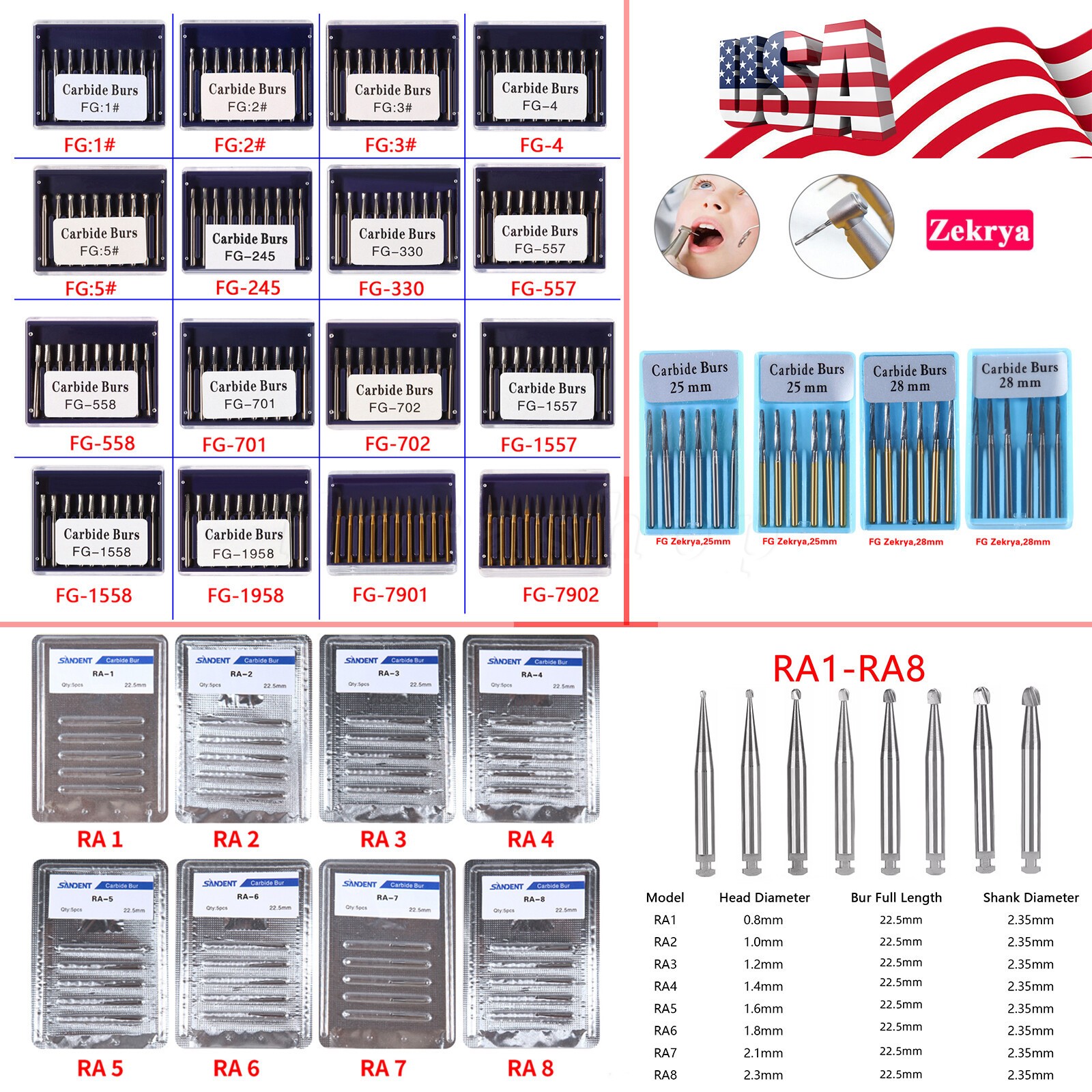 Dental Tungsten Carbide Steel Burs Drills for High/Low Speed Handpiece FG RA HP