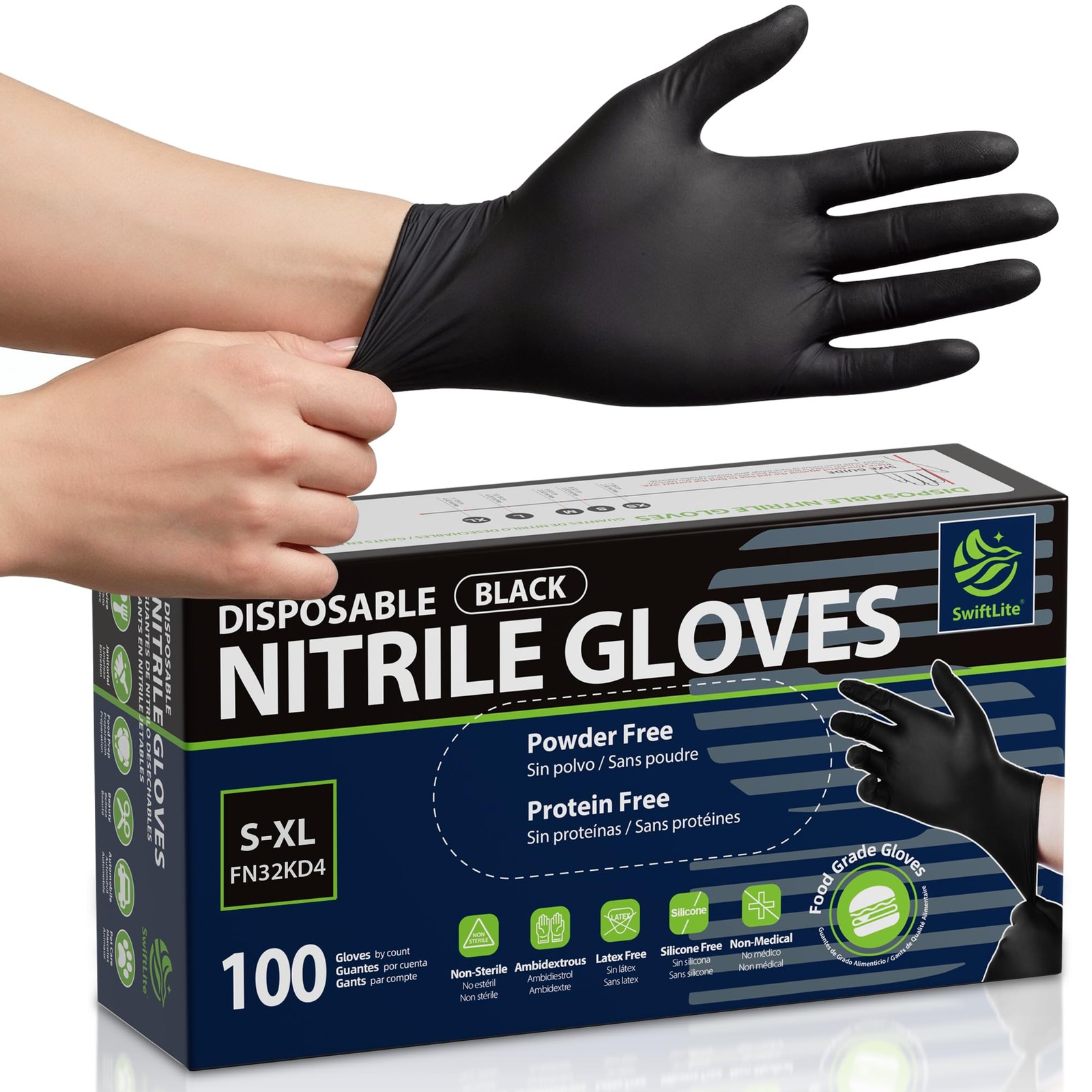 Black Nitrile Disposable Gloves, Food Safe, Powder Free, X~Large, 100 Count