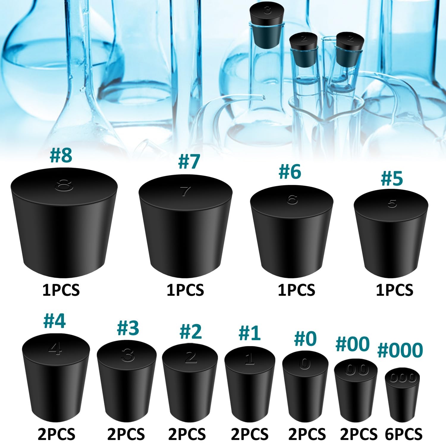 Rubber Stopper – 22 Pcs Solid Rubber Stoppers,11 Assorted Sizes 000# – 8# Tap…