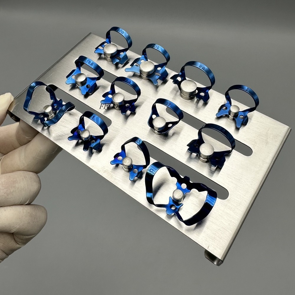 Dental Surgical Rubber Dam Clamp Blue/Sliver Instruments Endo With Tray Holder