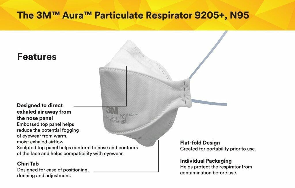 N95 NIOSH Particulate Respiratory Protection MASKS USA MADE 3M 9205+ AURA