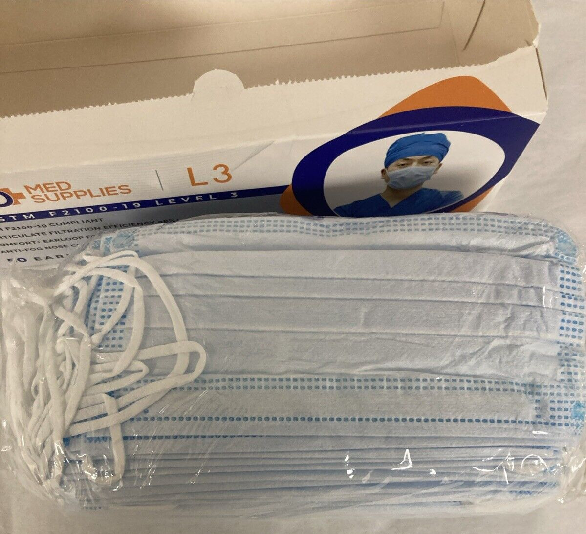 Mo+Med Supplies, Ear-Loop Face Masks, ASTM Level 3, Blue, 50pcs Made in USA
