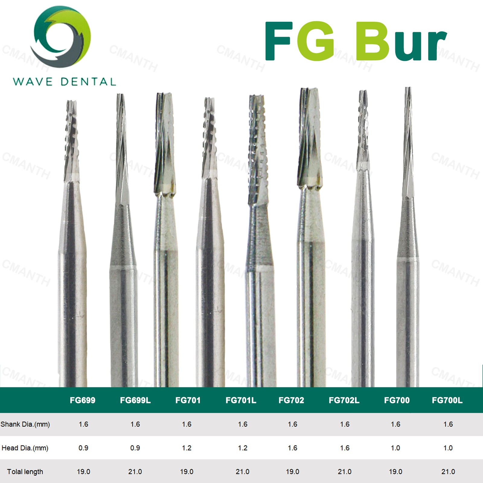 WAVE Dental Tapered Fissure Cross Cut Bur Tungsten Carbide FG Dia.1.6mm For High