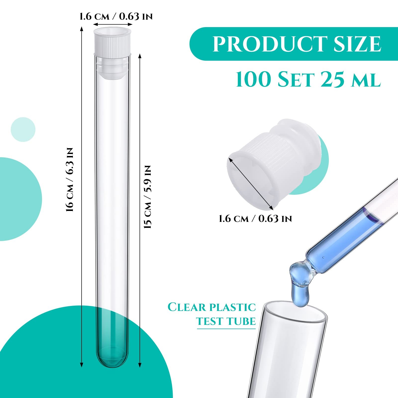 100 Pack 25ml Clear Plastic Test Tubes White Caps 150×16 mm Party Crafts