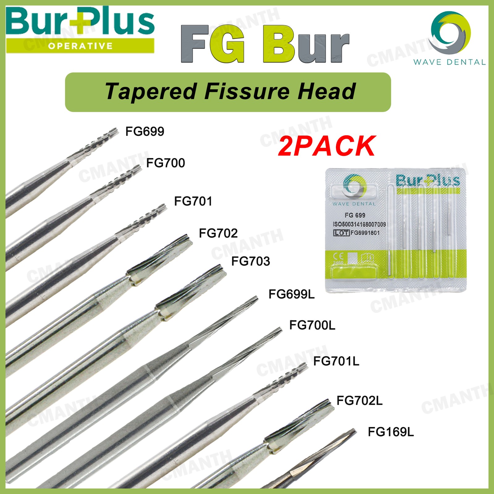 2 PACK WAVE Dental Carbide Burs FG Tapered Fissure Cross Cut Burs Fit High Speed