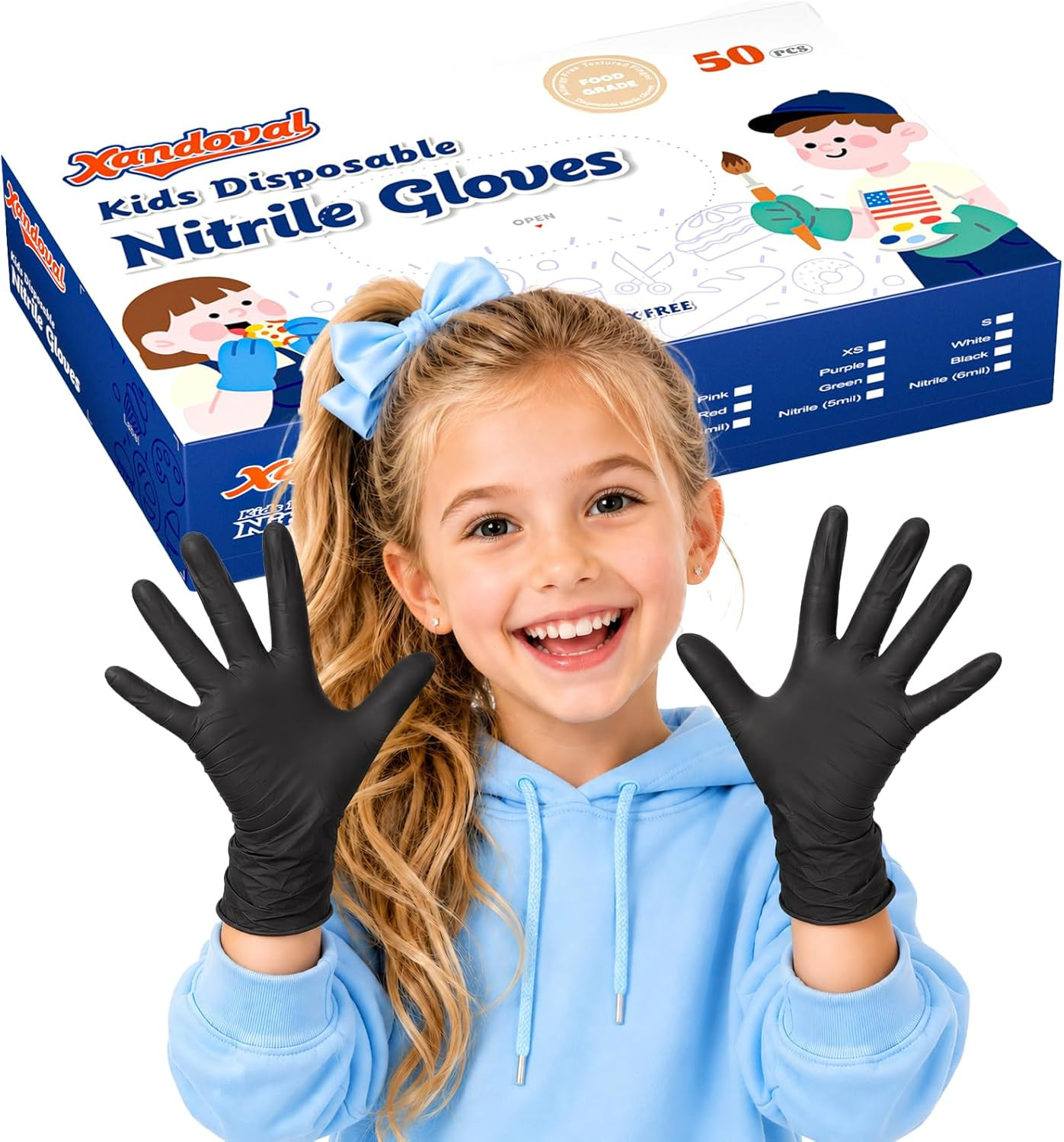 Kids Disposable Gloves for 4-8 Years, 5Mil Small Black Nitrile Gloves for Work,