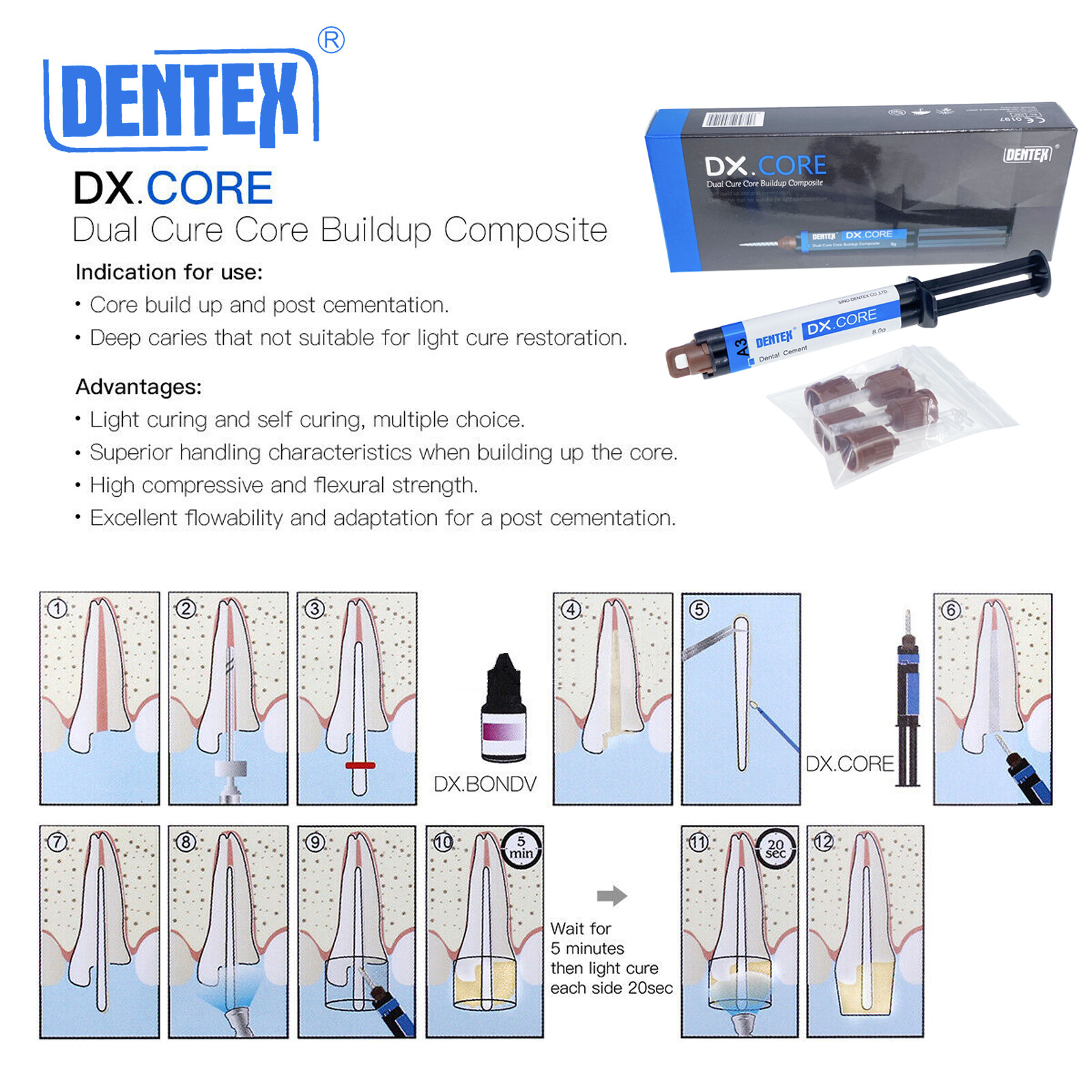 1 PC DX.CORE Dental Dentex Dual Cure Composite Resin Core Build Up A3