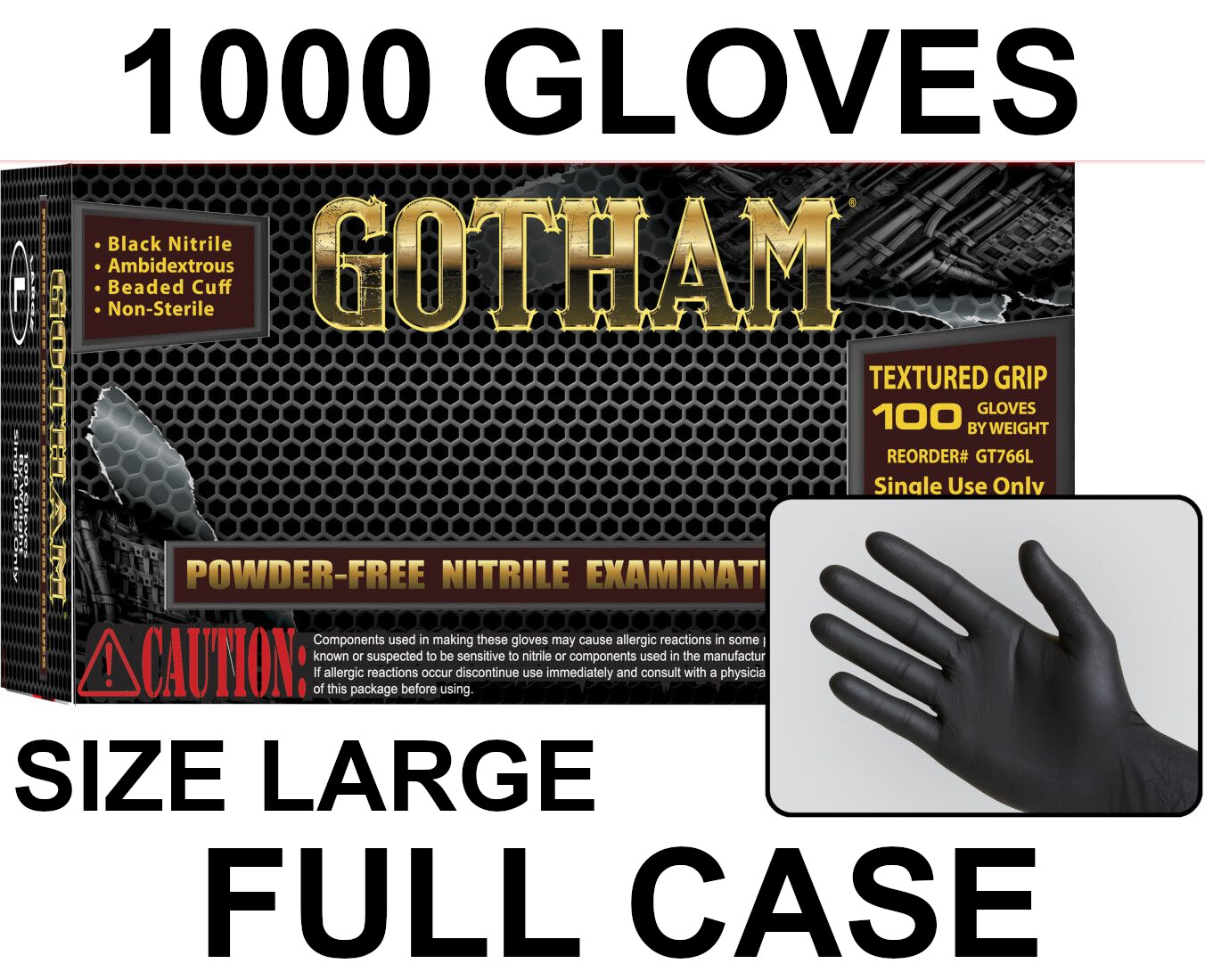 GOTHAM Black Nitrile Examination Gloves, Powder Free, Case of 1000 Size LARGE