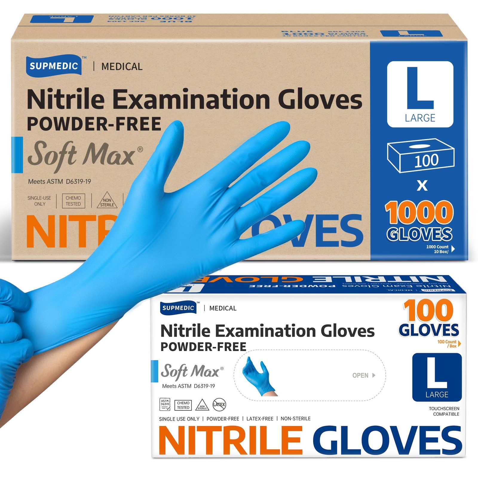 Supmedic Nitrile Exam Glove, 3.5 mil Disposable Medical Large, Blue (Large)