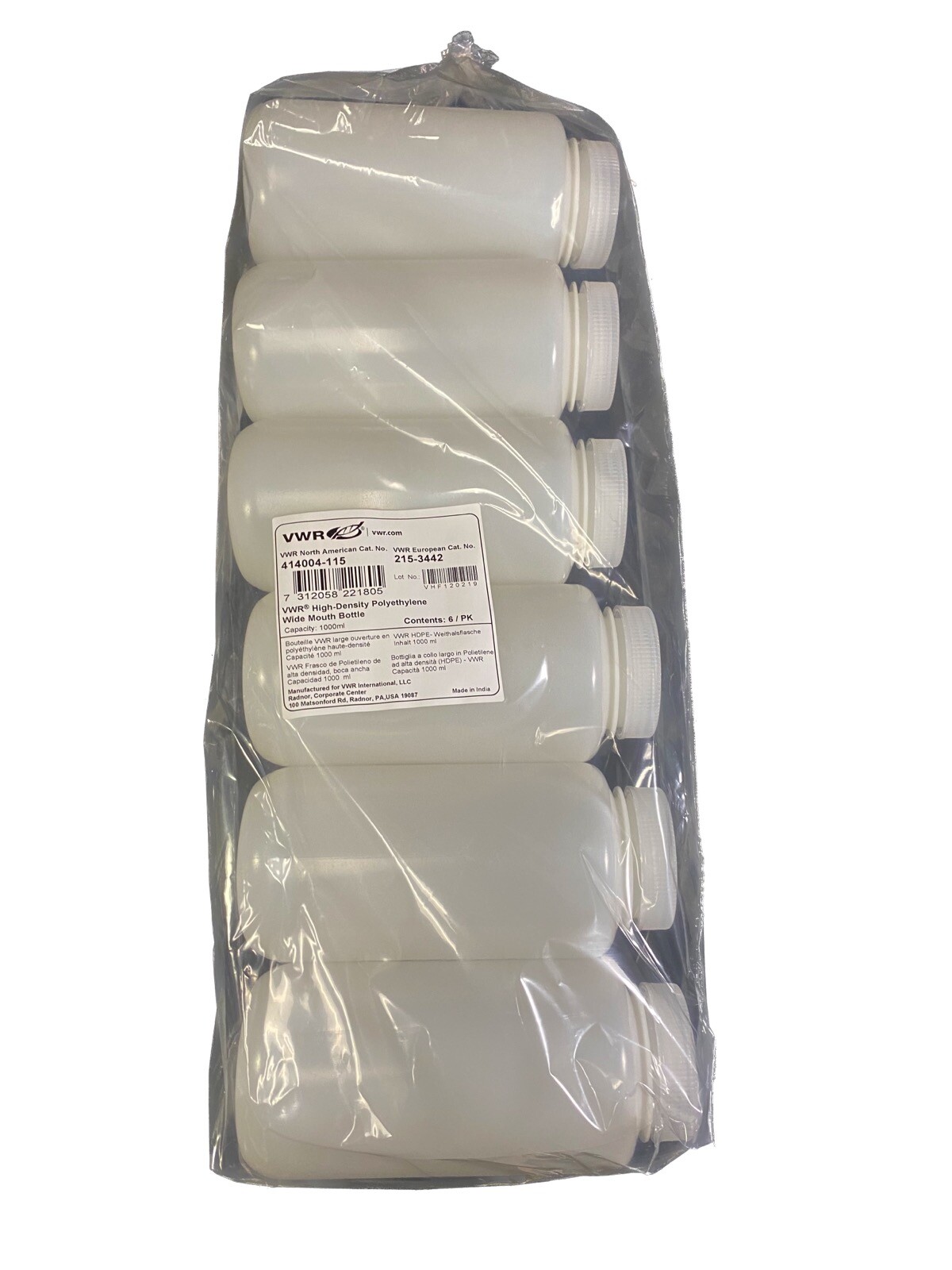 VWR 1L Wide Mouth HDPE Laboratory Bottles 92×195mm w/ 63mm Caps 414004-115(6/cs)