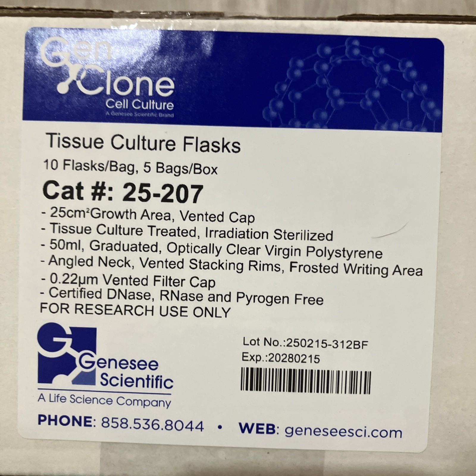 Genesee GenClone Tissue Culture Flasks 25-207 Polystyrene 50ml 50/BOX; EXP 02/28