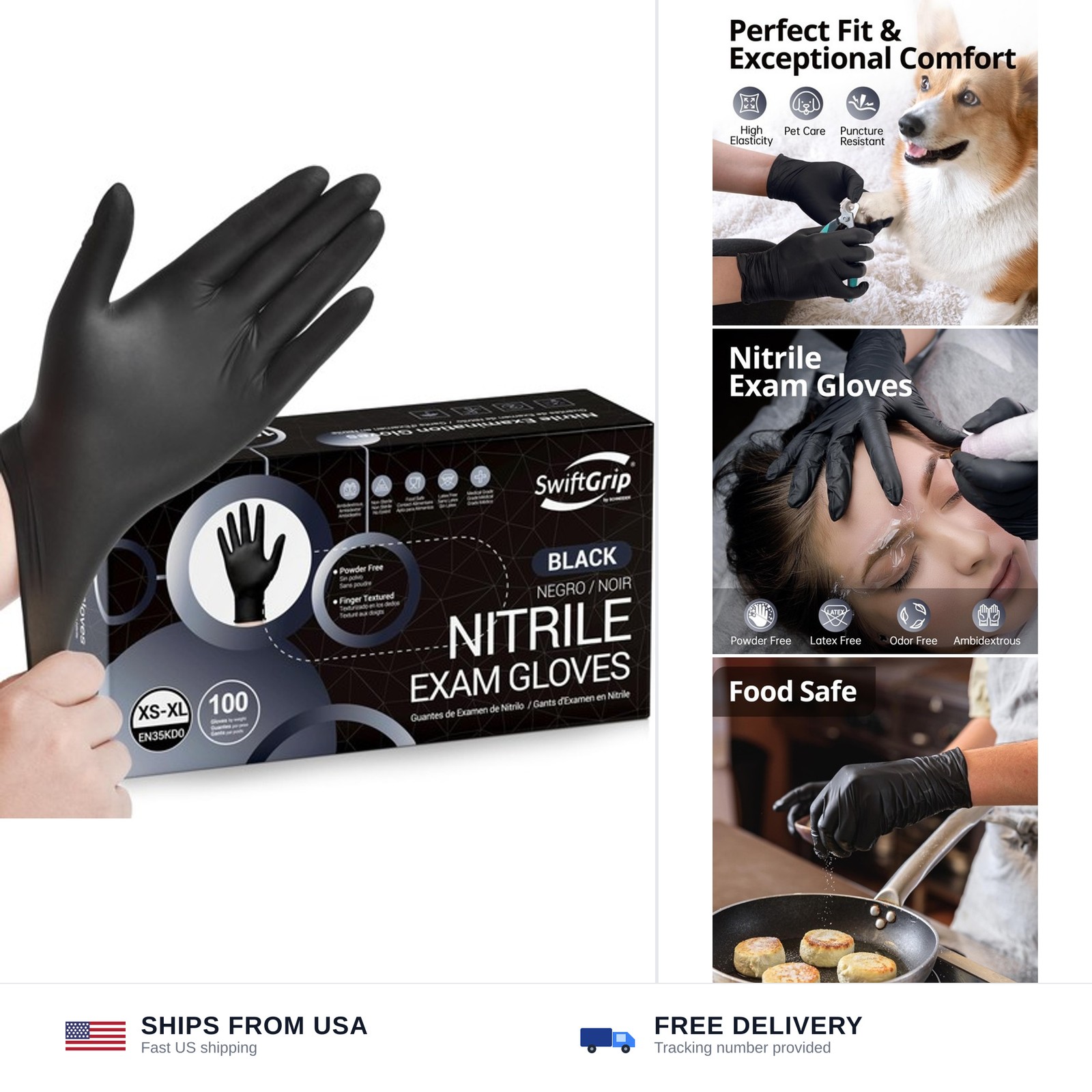 SwiftGrip Disposable Nitrile Exam Gloves, Black Nitrile Gloves Disposable Lat…