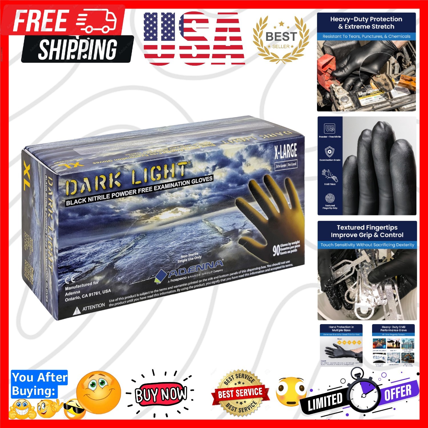 Dark Light 9 mil Nitrile Powder Free Exam Gloves Black, X-Large Box of 90