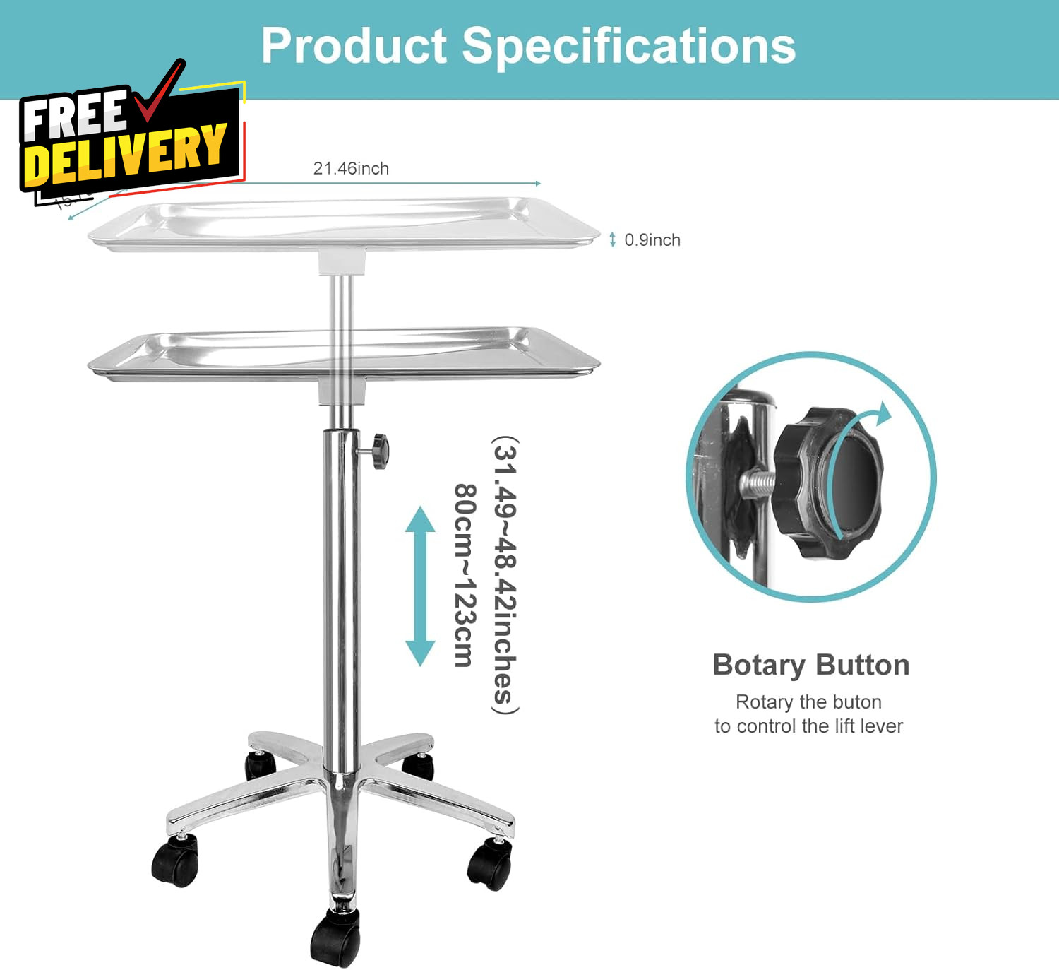 Premium Metal Extra Large Salon Tray Medical Tray Mayo Stand with Wheels
