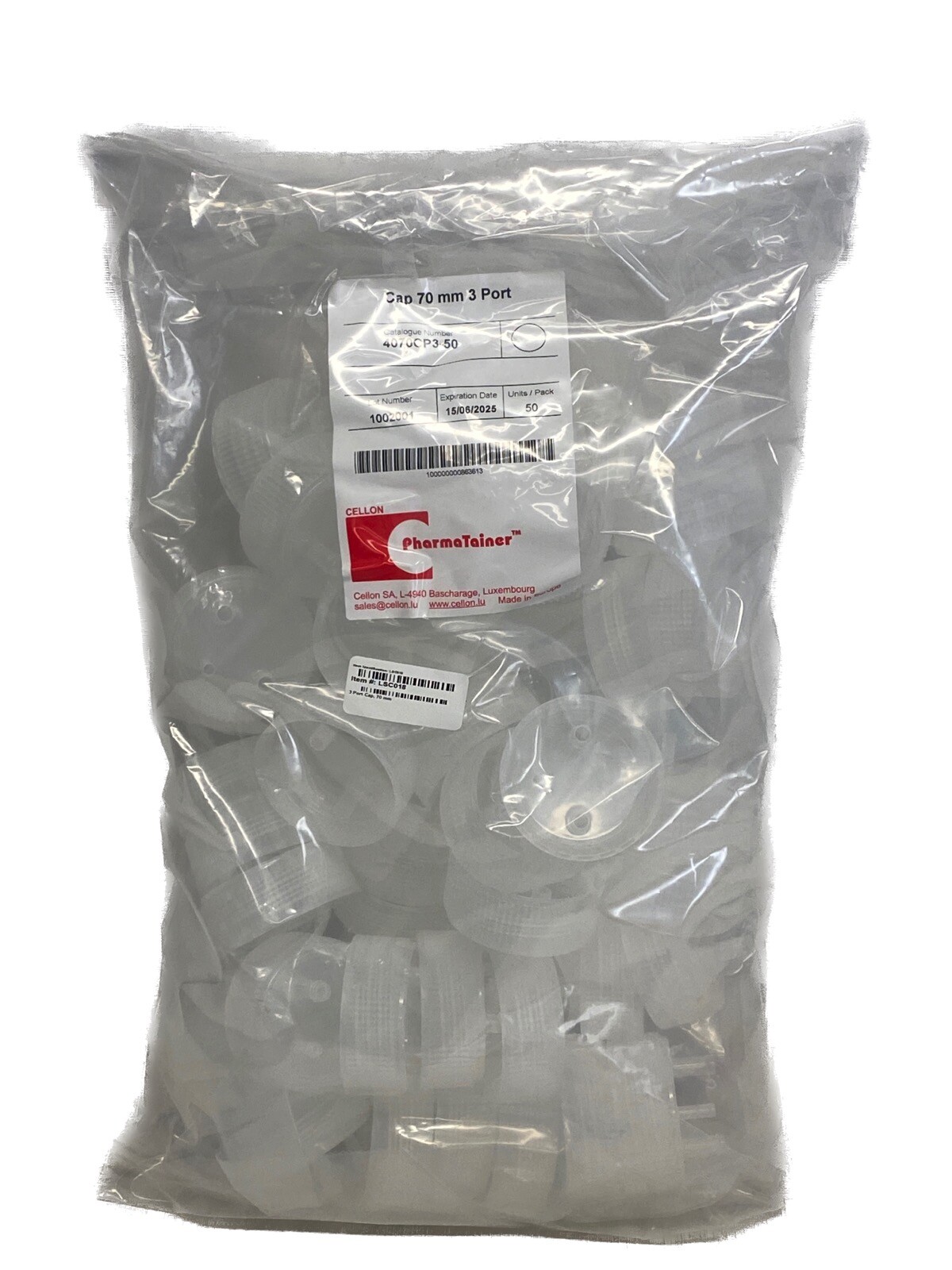(50/Pk) CELLON PharmaTainer 70mm 3-Port Screw Caps 4070CP3-50