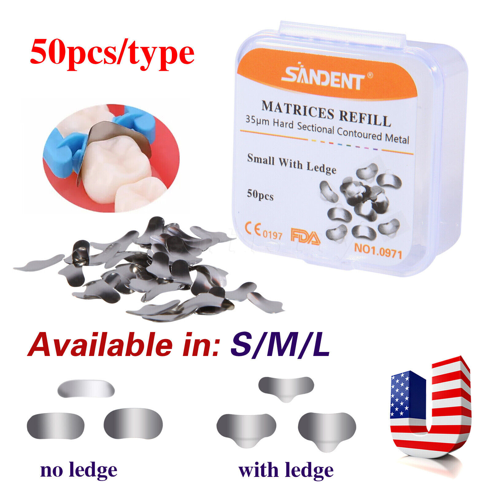 50 Pcs Dental Metal Matrices Sectional Contoured Matrix Refill Hard band S/M/L