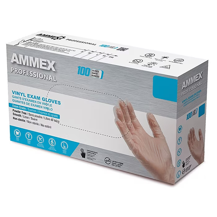 Ammex Professional VPF Powder-Free Vinyl Exam Gloves, Small – Latex-Free, Clear
